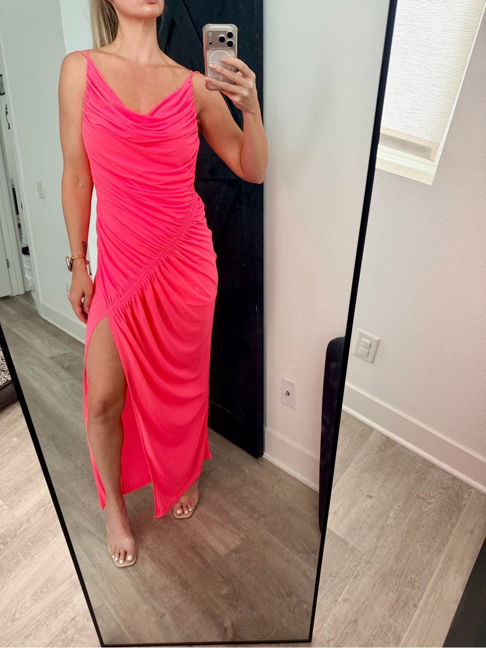 Vici Hot Pink Ruched Cowl Neck Maxi Dress with High Slit